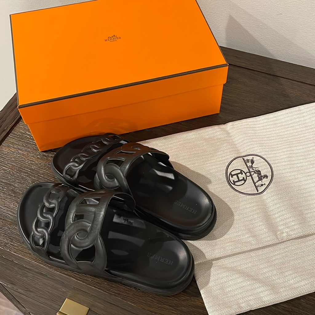 Hermes Black Leather Extra Sandals Size 40